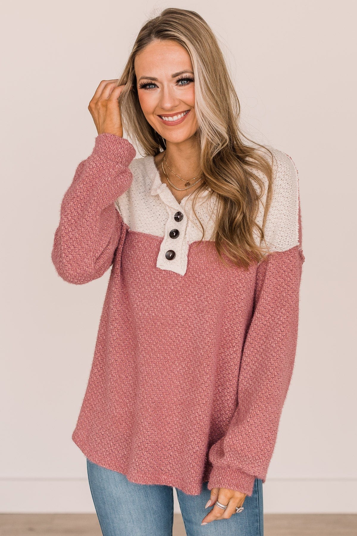 Take Your Chance Button Knit Top- Ivory & Dusty Rose - Image 4