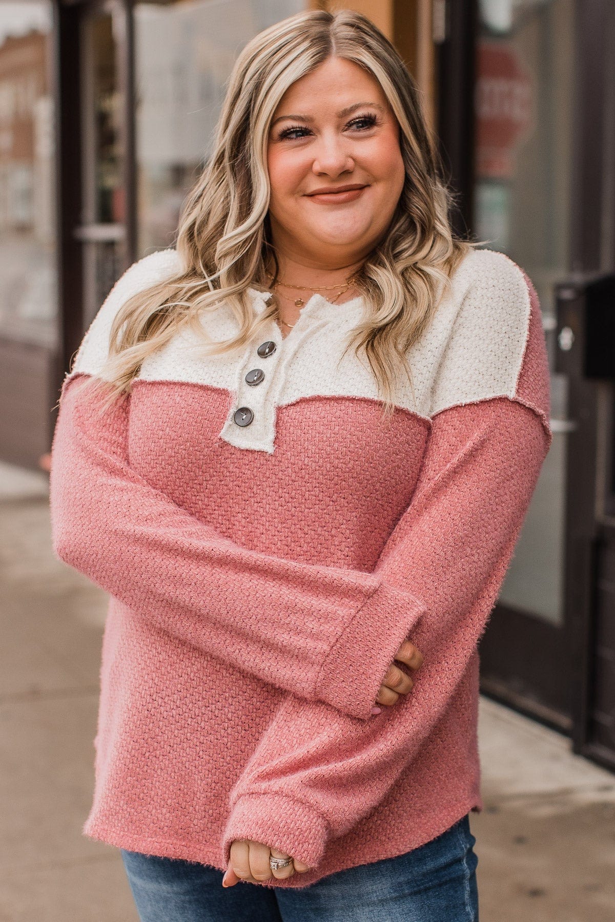 Take Your Chance Button Knit Top- Ivory & Dusty Rose - Image 5