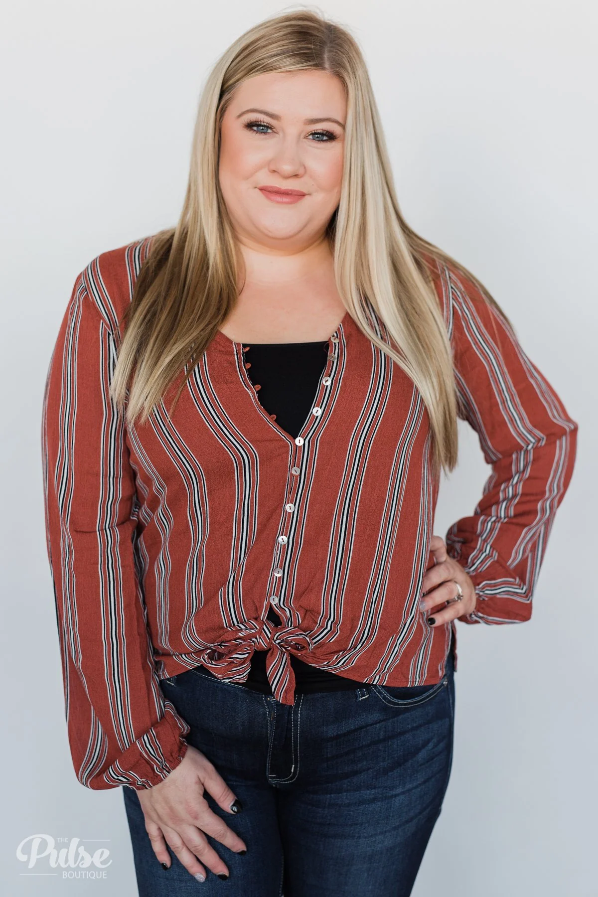Take Your Time Striped Tie Top- Clay - Image 11