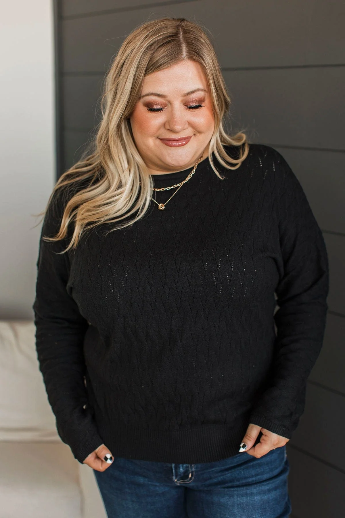 Take Your Word Pointelle Knit Sweater- Black - Image 4