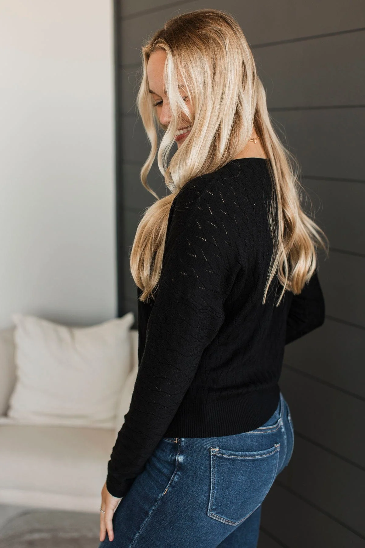 Take Your Word Pointelle Knit Sweater- Black - Image 5