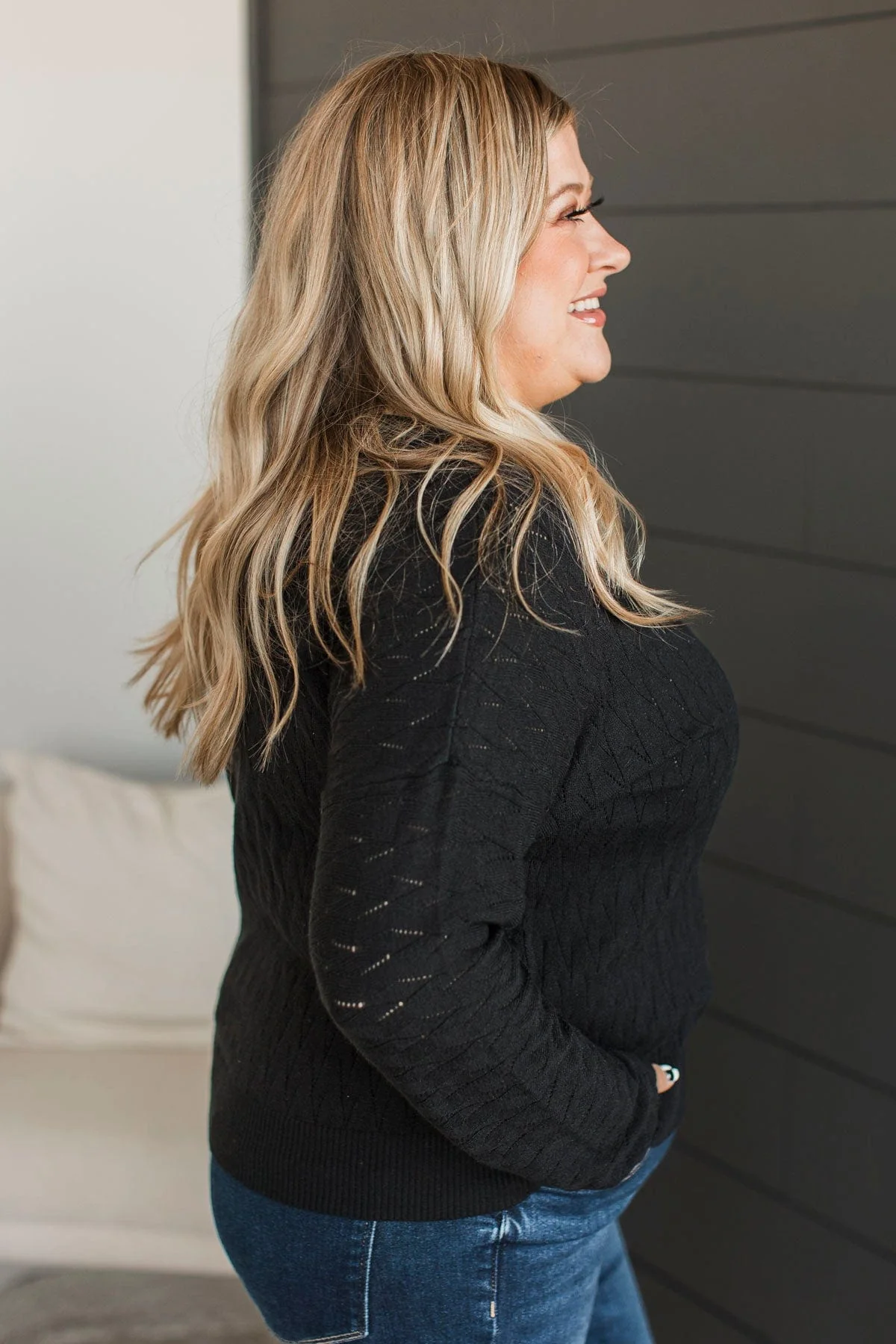 Take Your Word Pointelle Knit Sweater- Black - Image 6