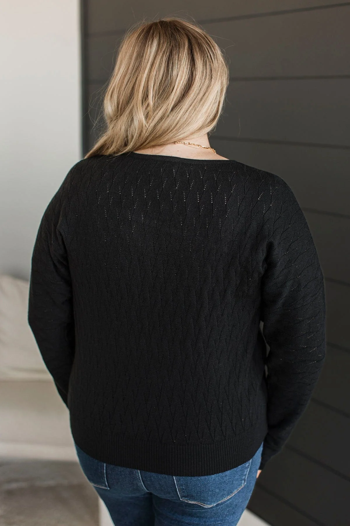Take Your Word Pointelle Knit Sweater- Black - Image 8