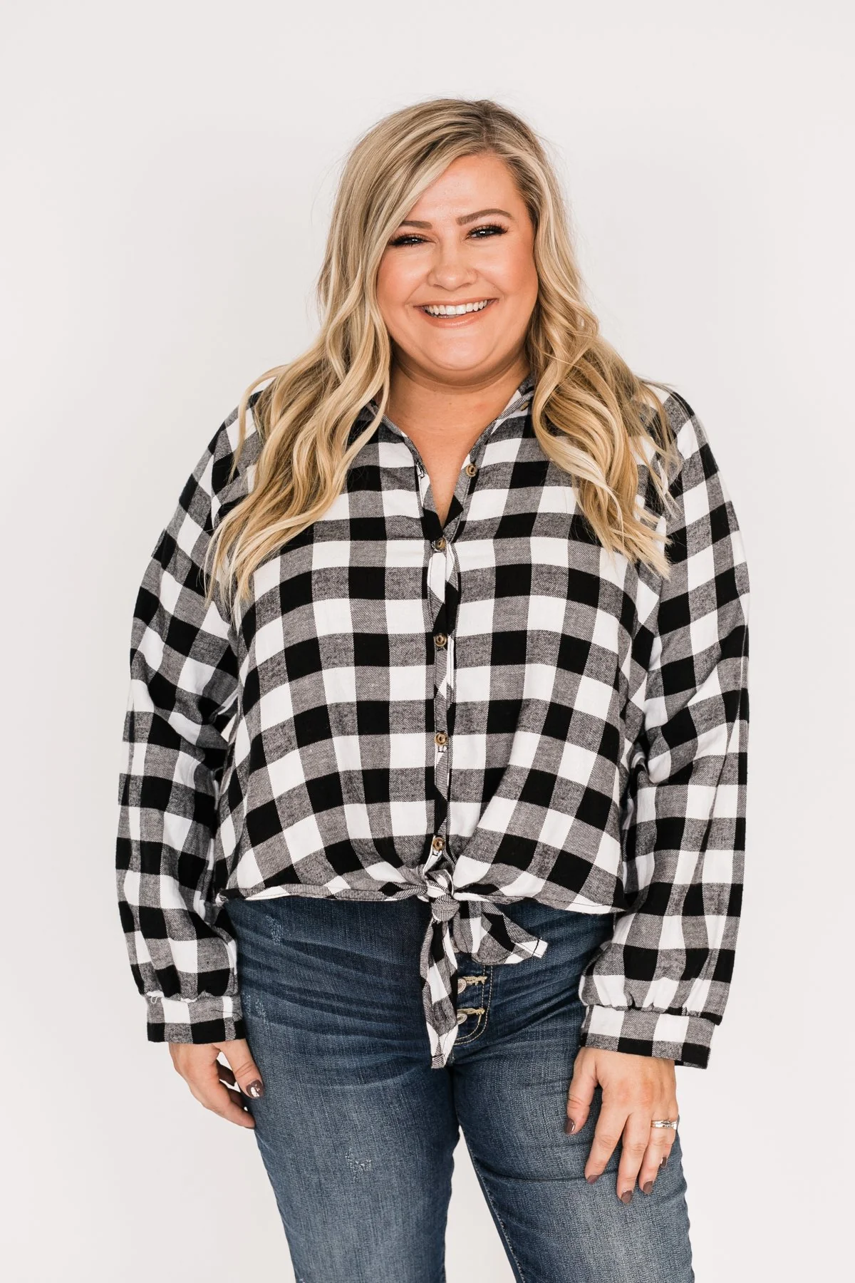 Takes Me Back Front Tie Plaid Top-Black & White - Image 3