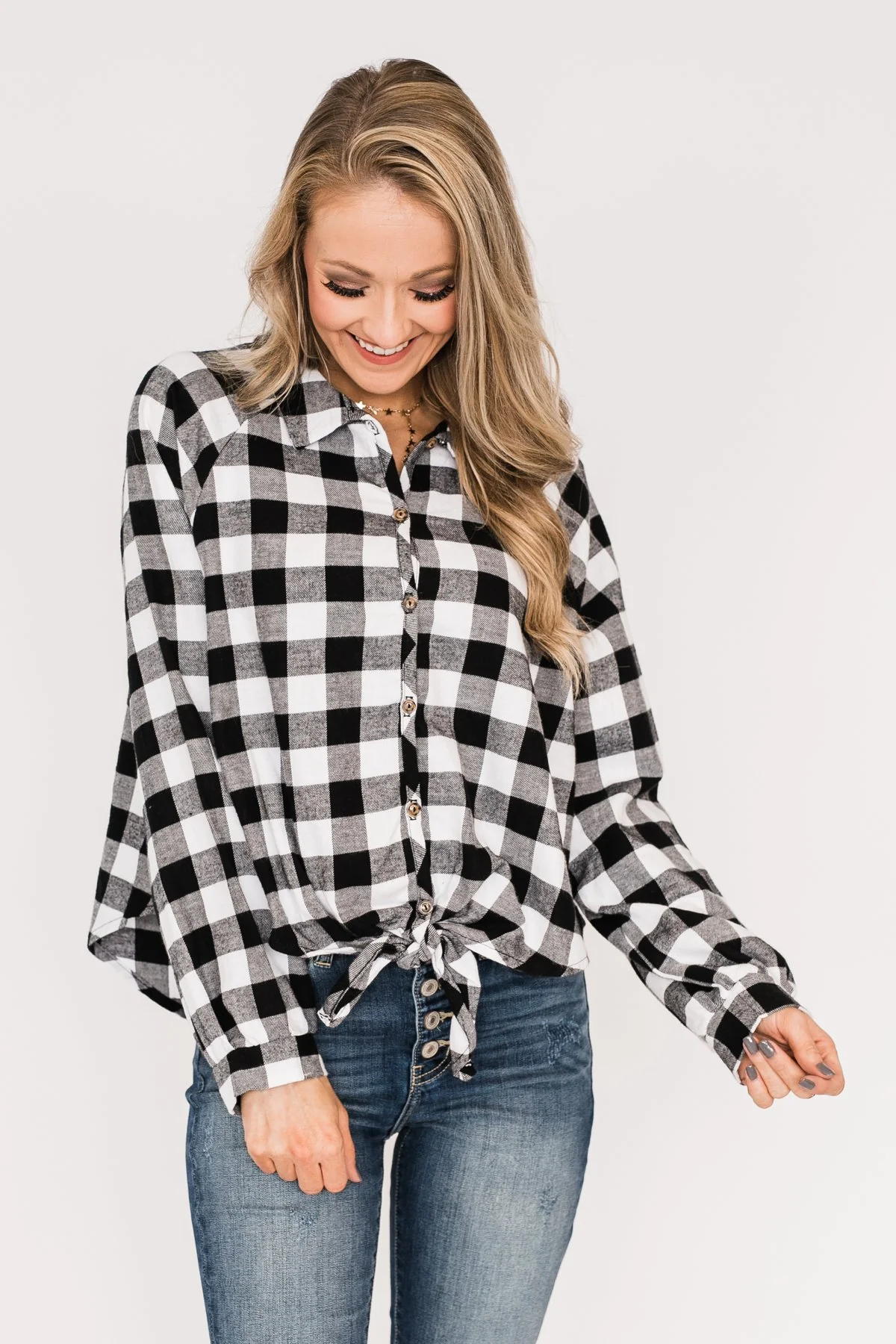 Takes Me Back Front Tie Plaid Top-Black & White - Image 4