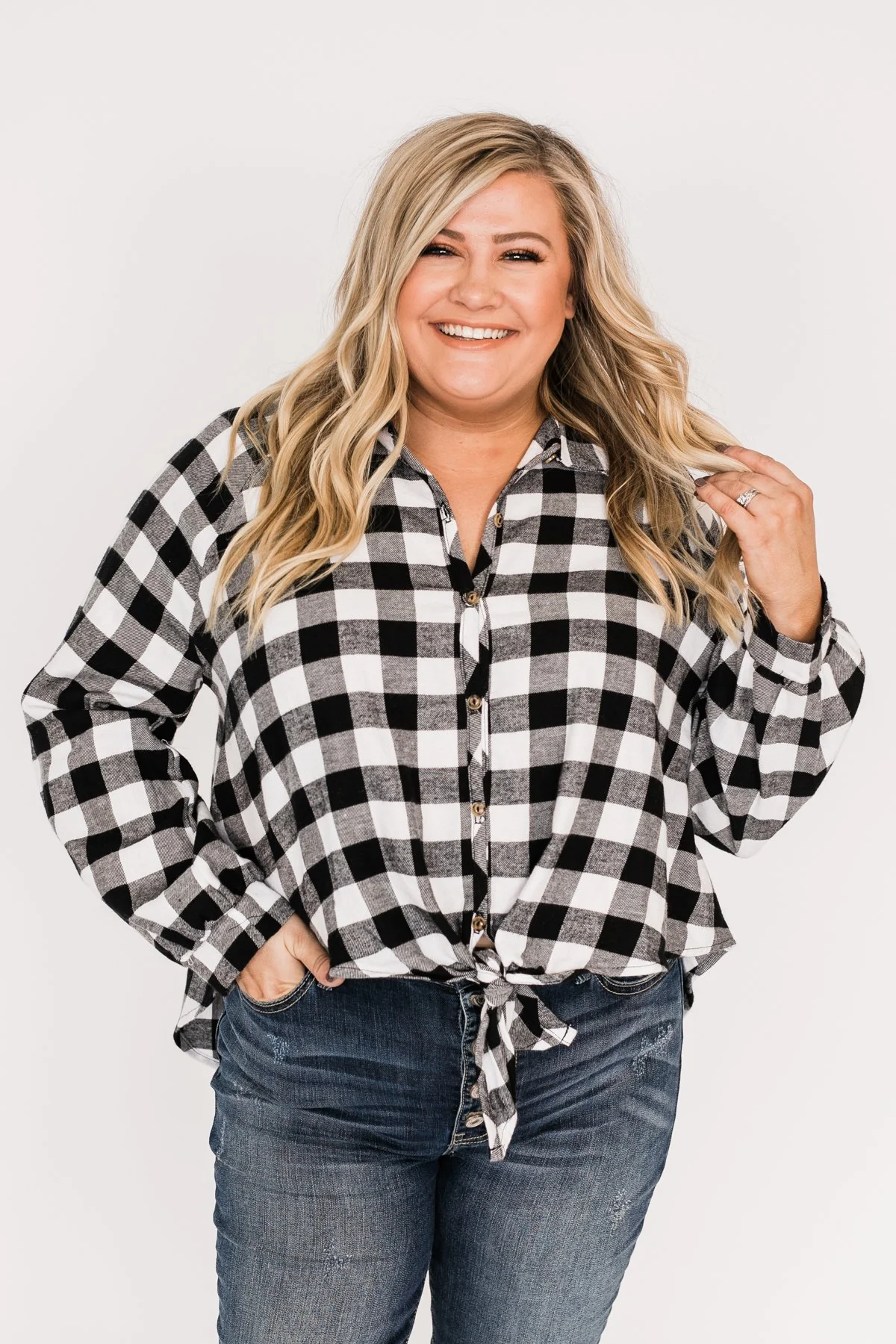 Takes Me Back Front Tie Plaid Top-Black & White - Image 5