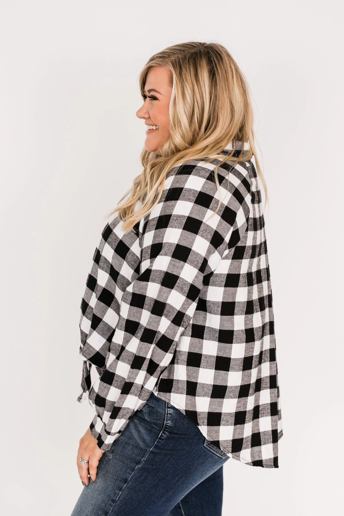 Takes Me Back Front Tie Plaid Top-Black & White - Image 9