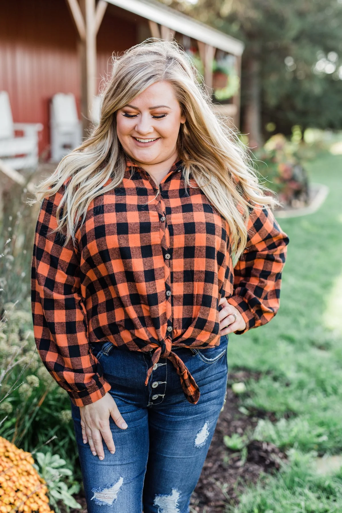 Takes Me Back Front Tie Plaid Top- Burnt Orange - Image 12
