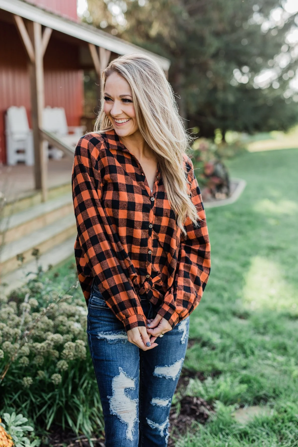 Takes Me Back Front Tie Plaid Top- Burnt Orange - Image 13