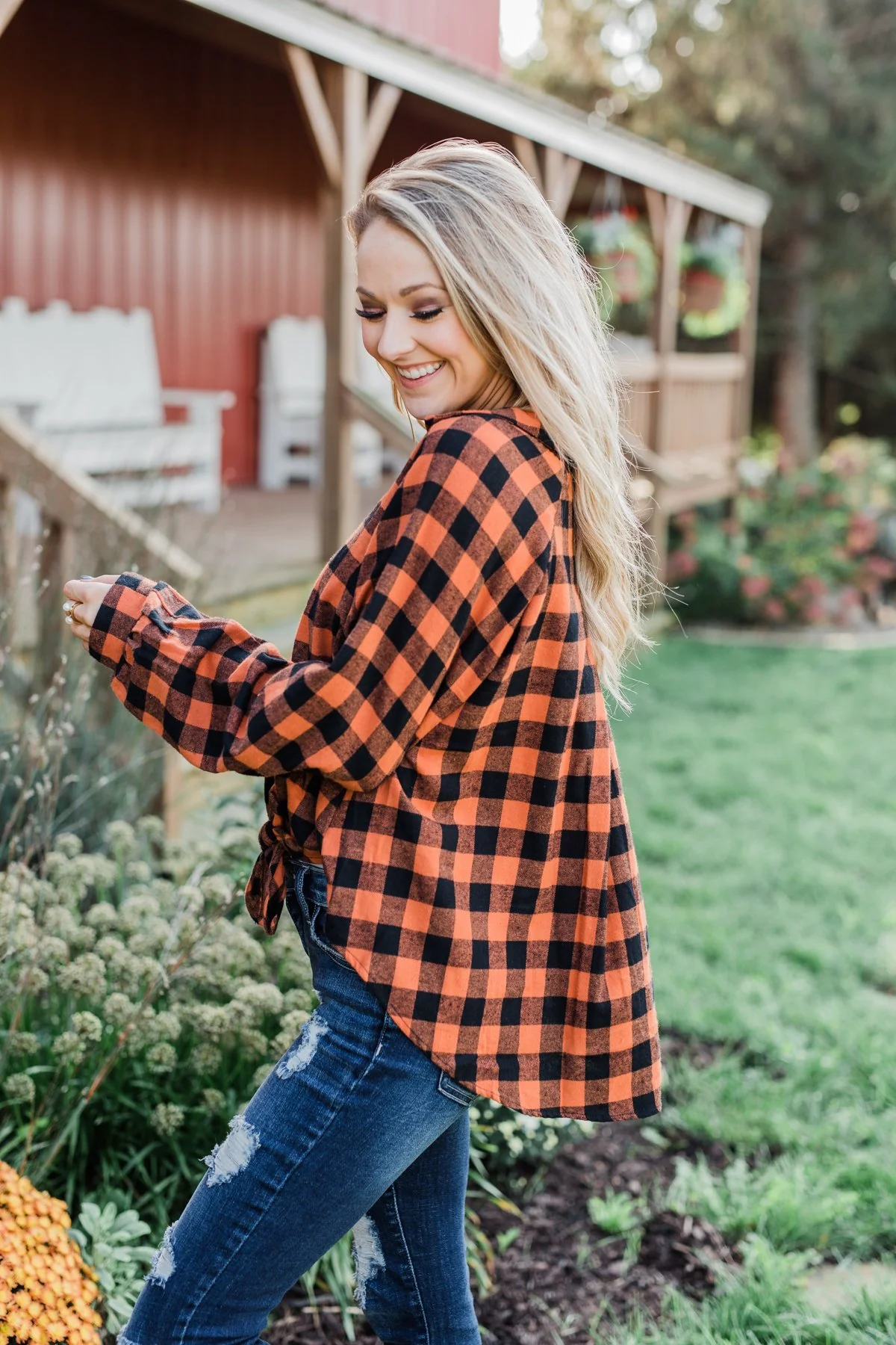 Takes Me Back Front Tie Plaid Top- Burnt Orange - Image 15