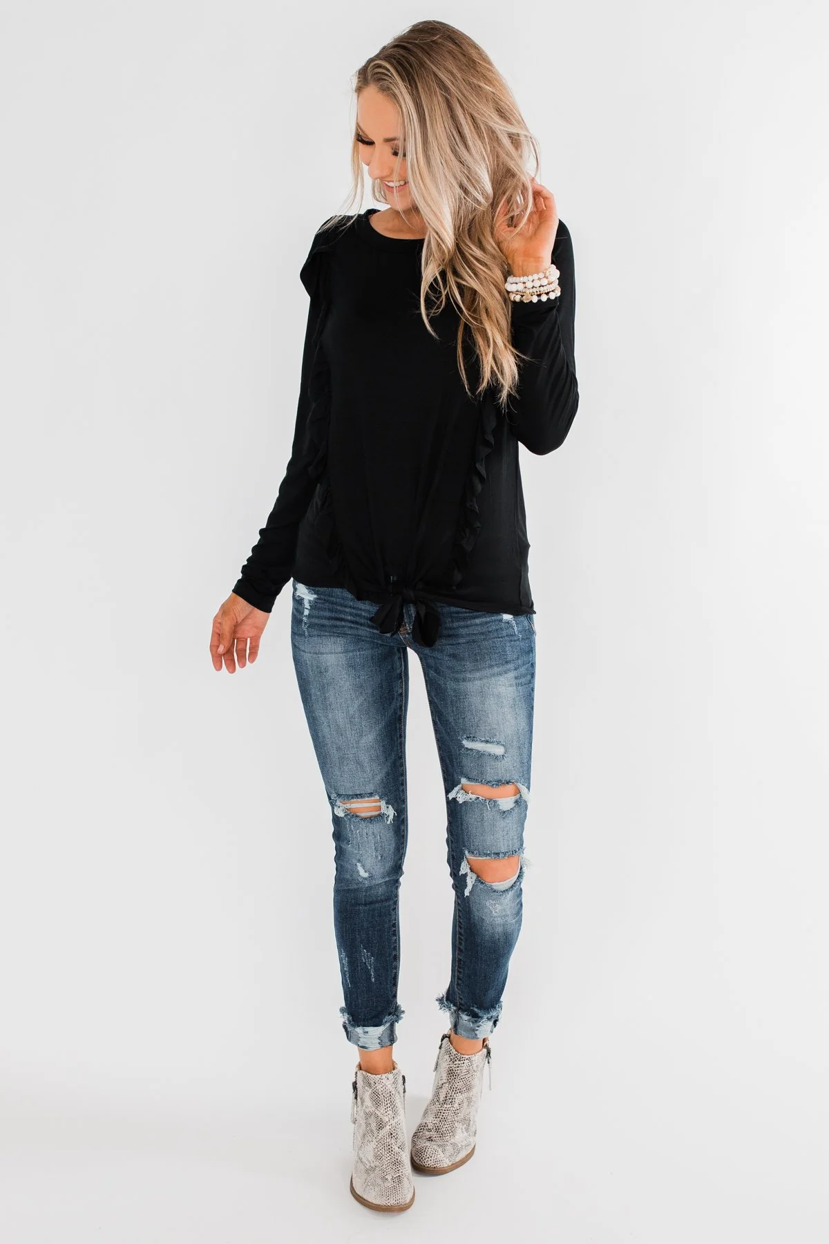 Taking My Time Long Sleeve Ruffle Top- Black - Image 2