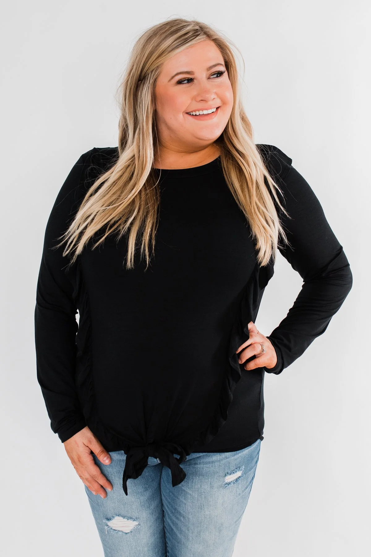 Taking My Time Long Sleeve Ruffle Top- Black - Image 4