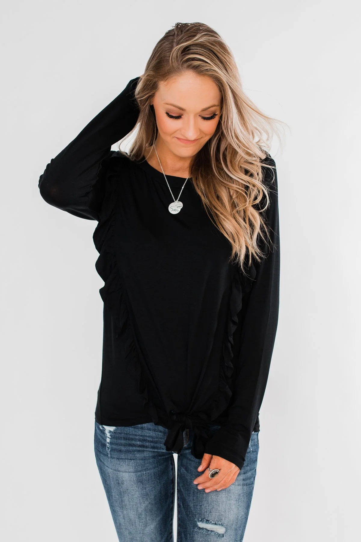 Taking My Time Long Sleeve Ruffle Top- Black - Image 9