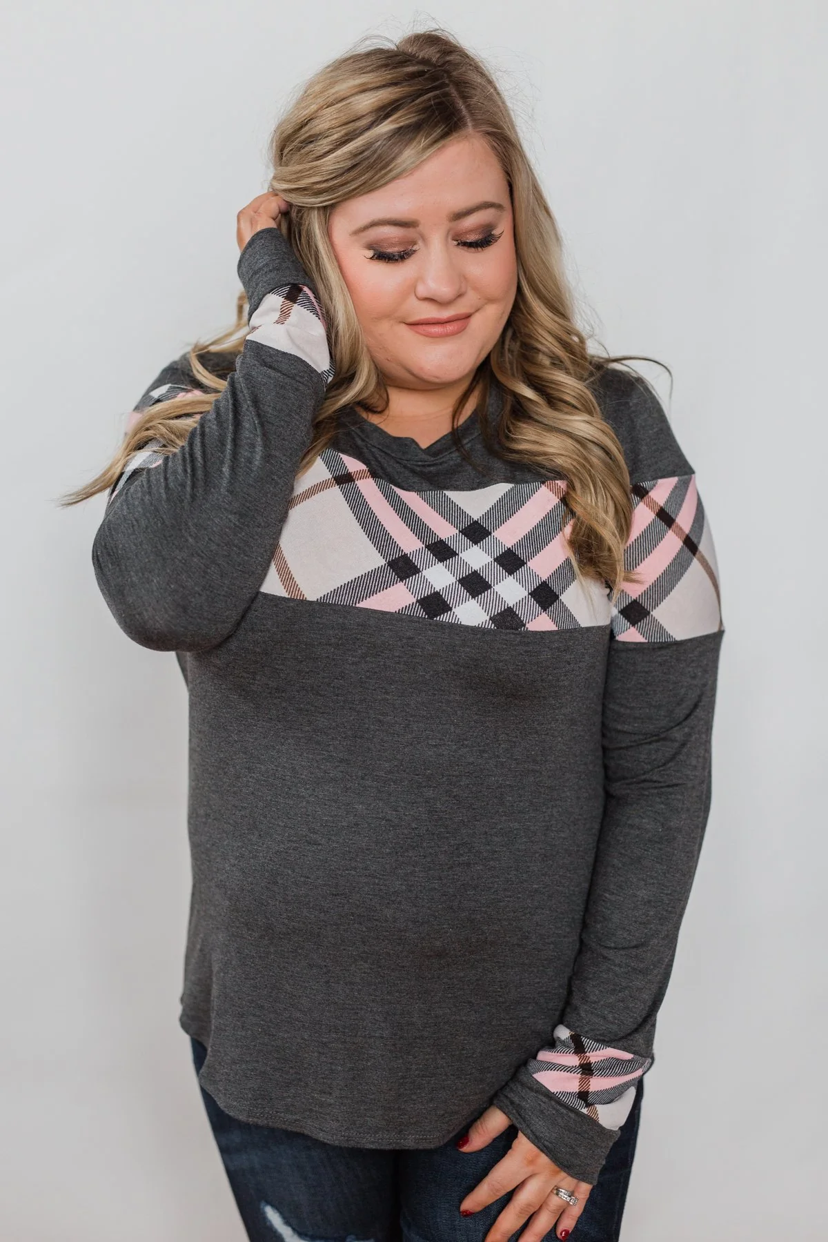 Talk About Cute Plaid Top- Charcoal - Image 2