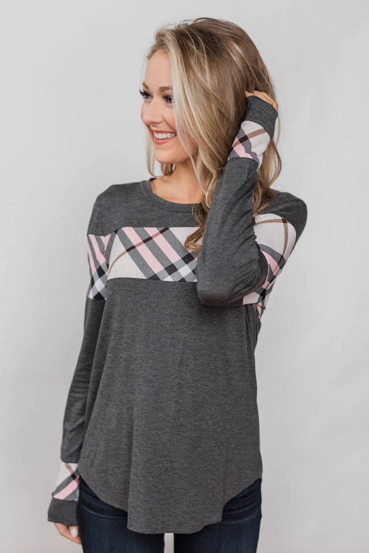 Talk About Cute Plaid Top- Charcoal - Image 5