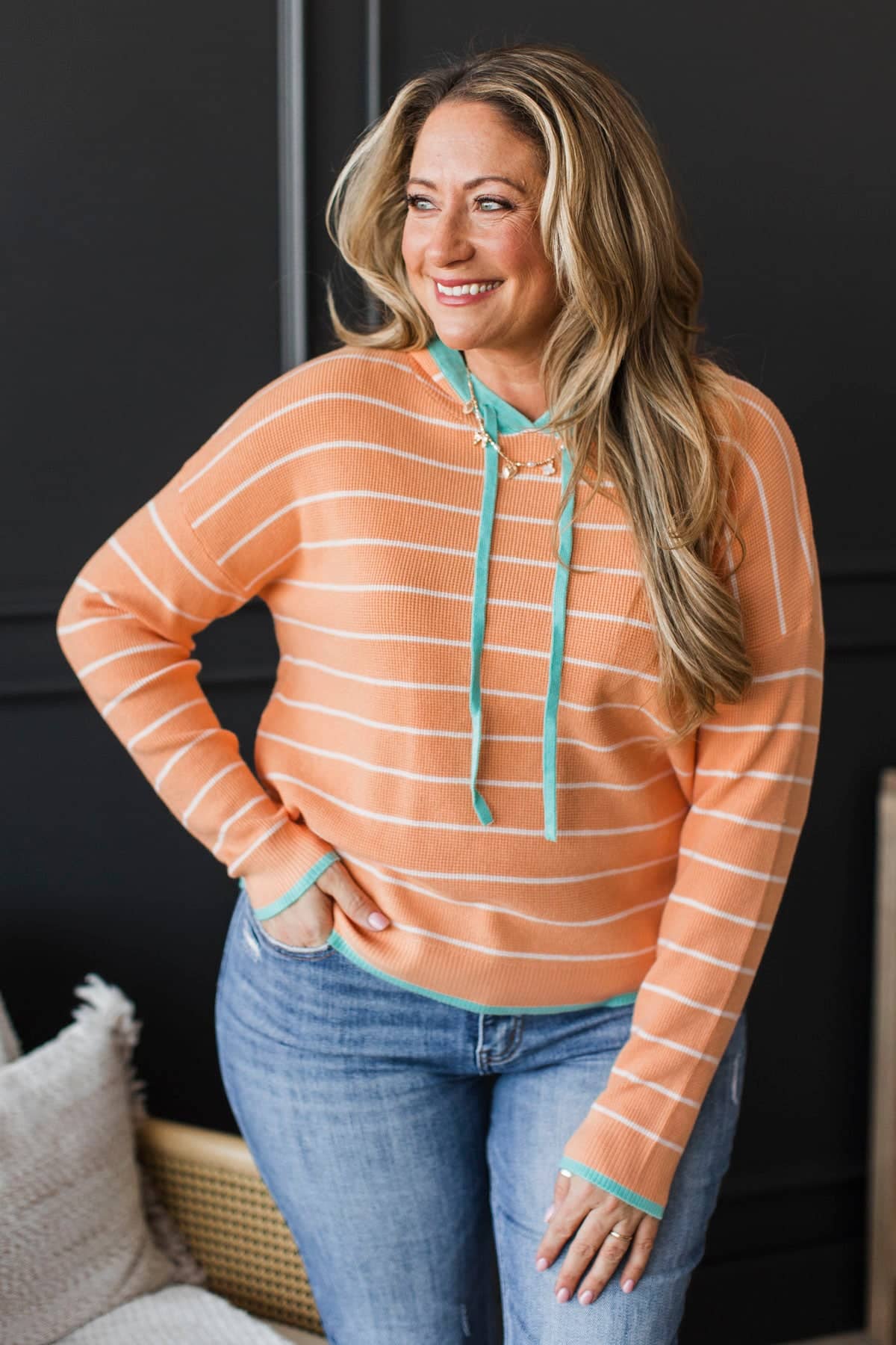 Talk It Through Hooded Knit Top- Light Orange - Image 3