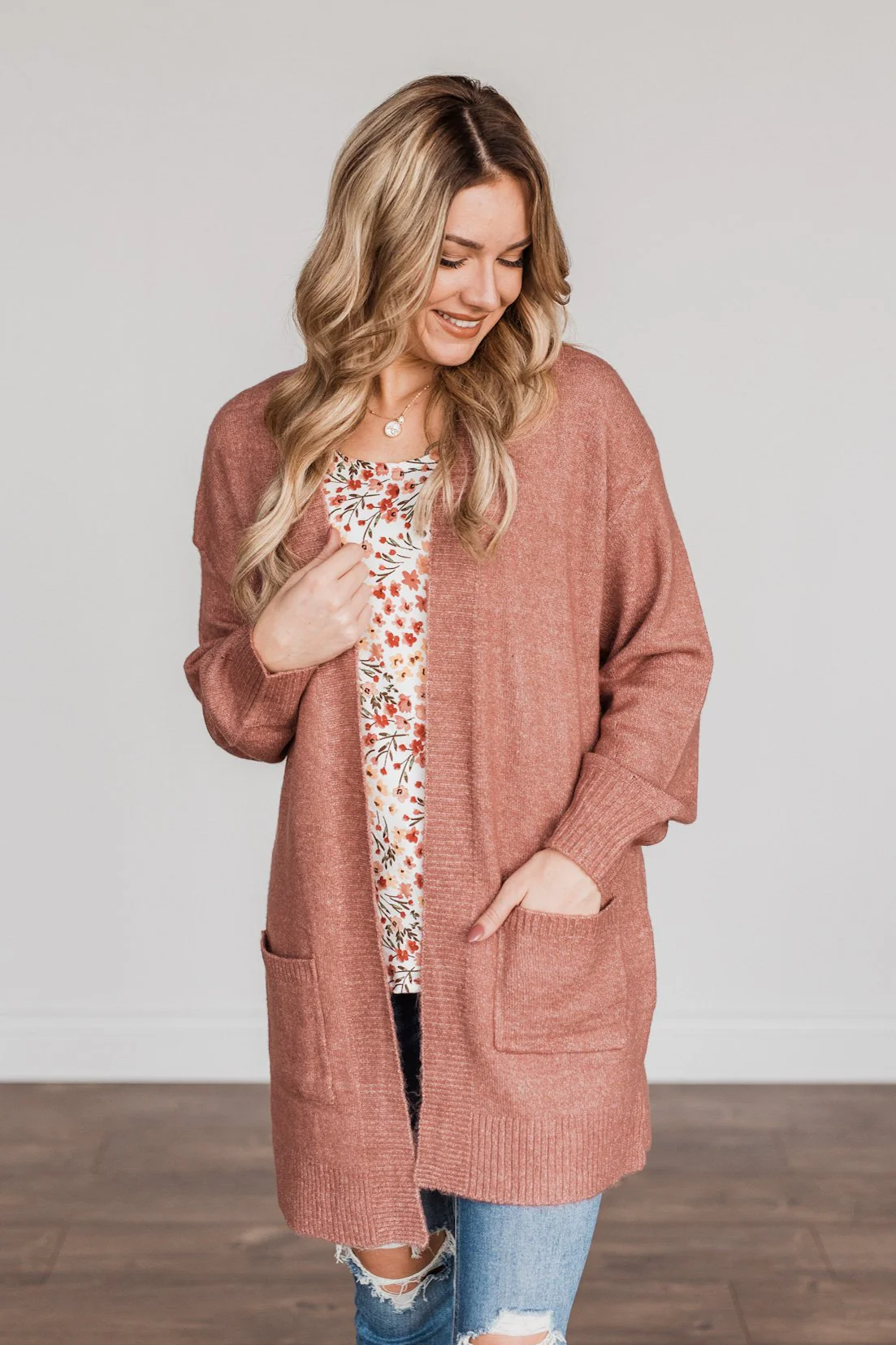 Talk Of The Town Long Knit Cardigan- Mauve - Image 2