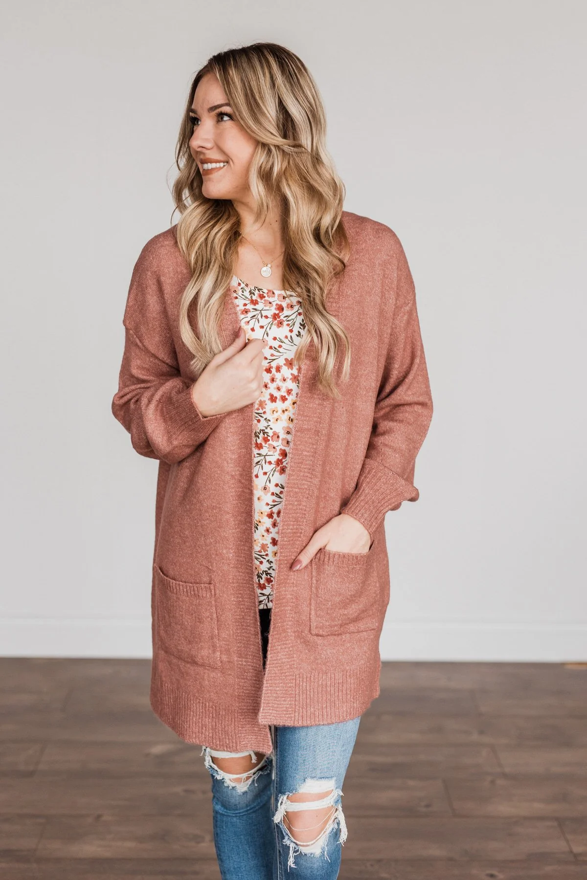 Talk Of The Town Long Knit Cardigan- Mauve - Image 5