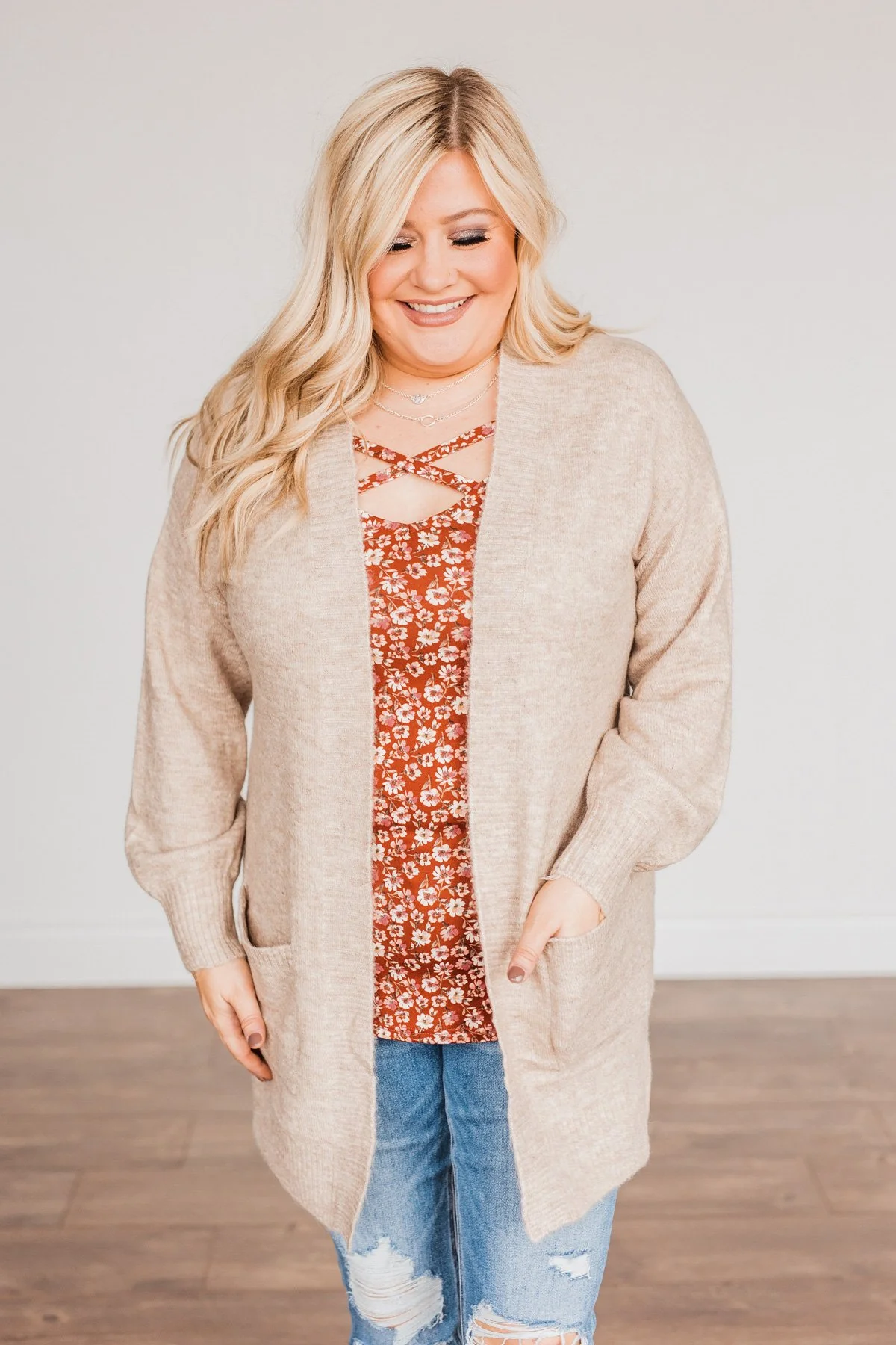Talk Of The Town Long Knit Cardigan- Taupe - Image 2