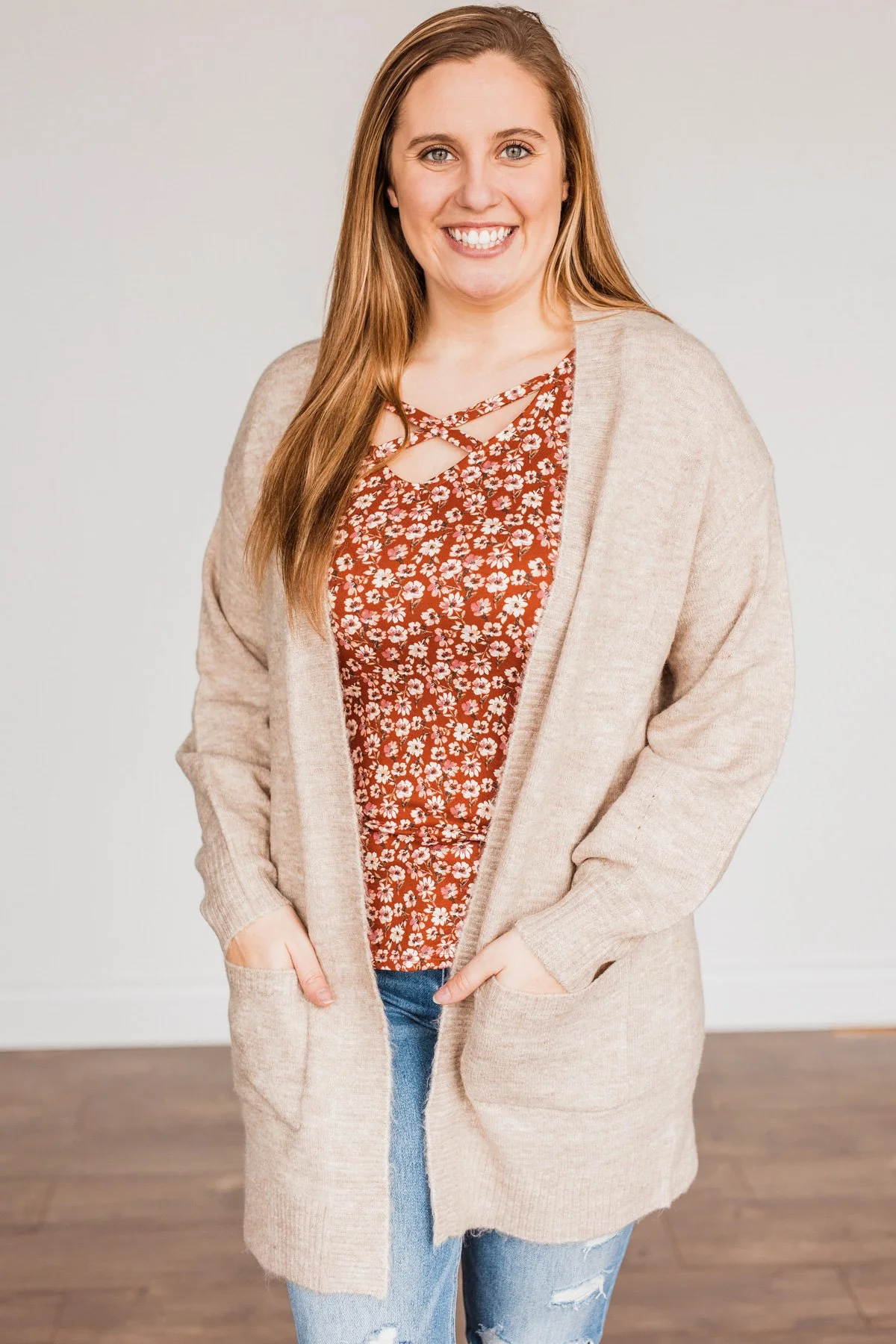 Talk Of The Town Long Knit Cardigan- Taupe - Image 4