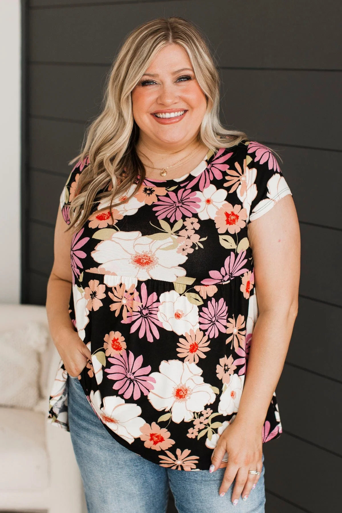Talking All Night Floral Babydoll Top- Black - Image 4