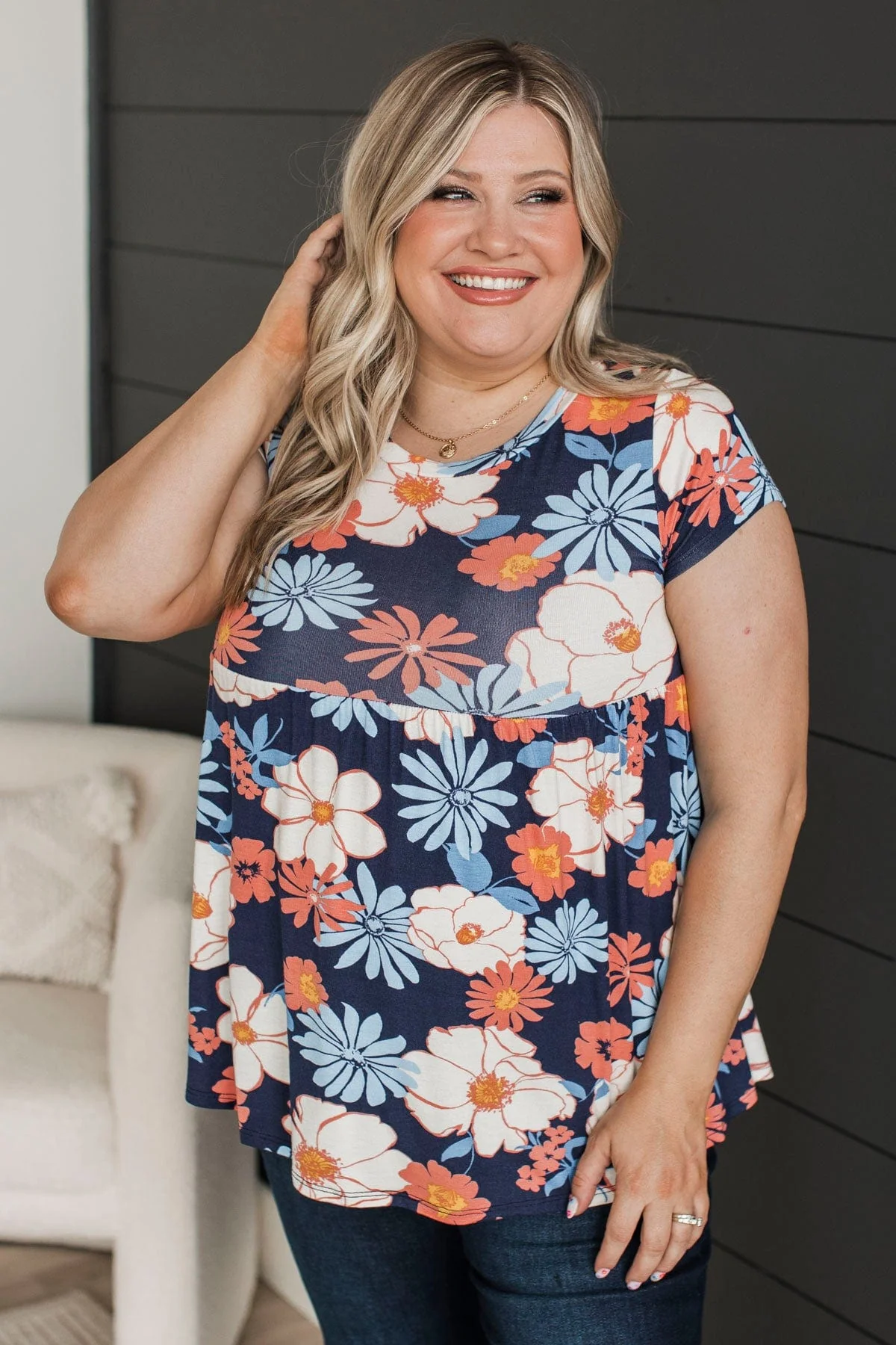 Talking All Night Floral Babydoll Top- Navy - Image 3