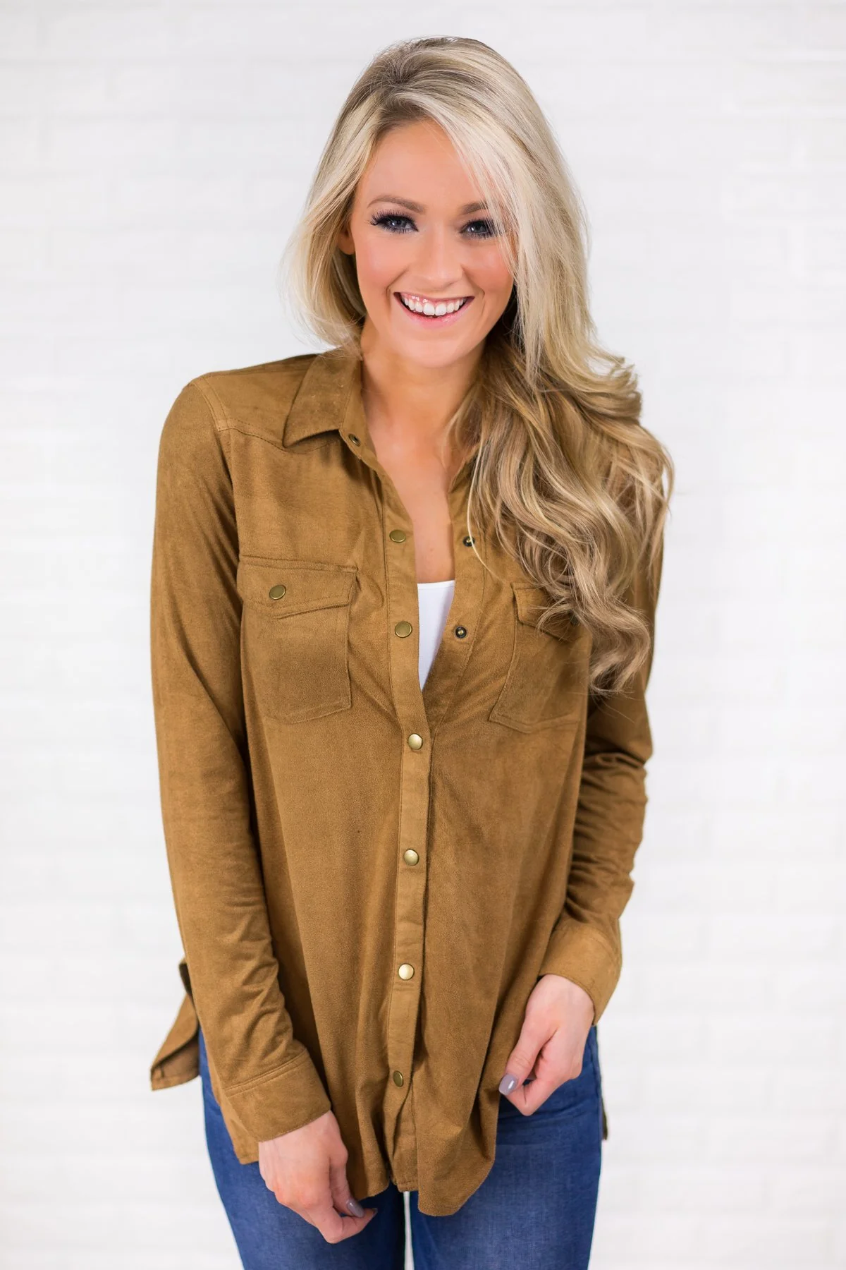 Tan Suede Button Up Top - Image 2