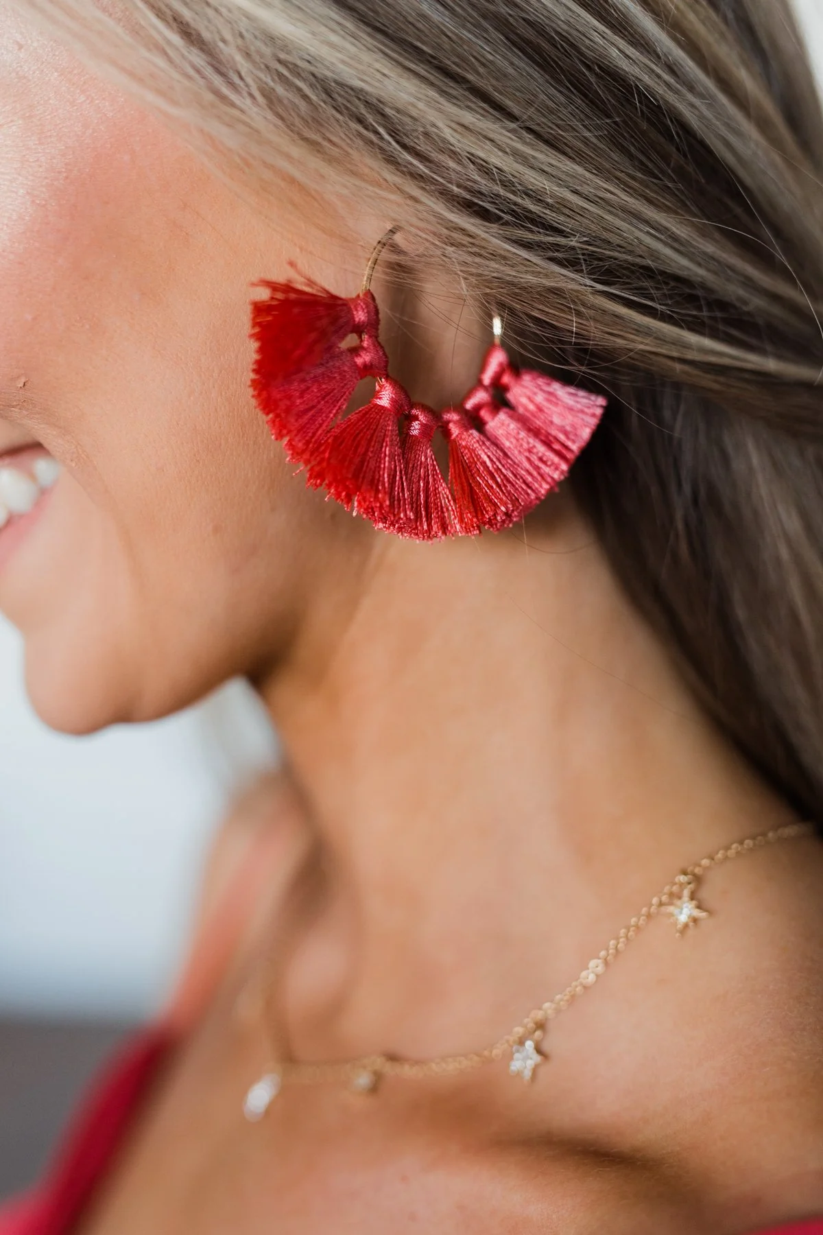 Tassel Gold Hoop Earrings- Dark Coral