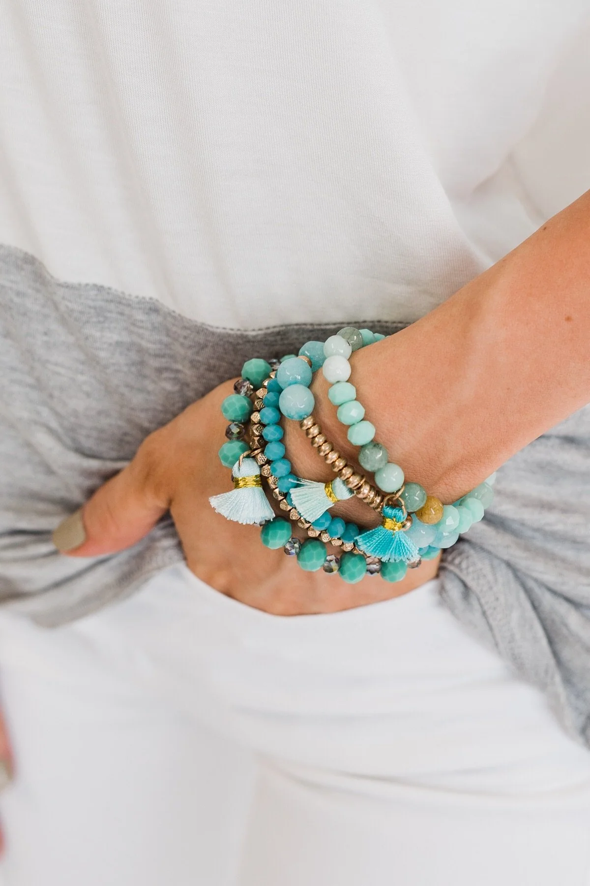 Tassels & Beads Bracelet Set- Gold & Teal - Image 2