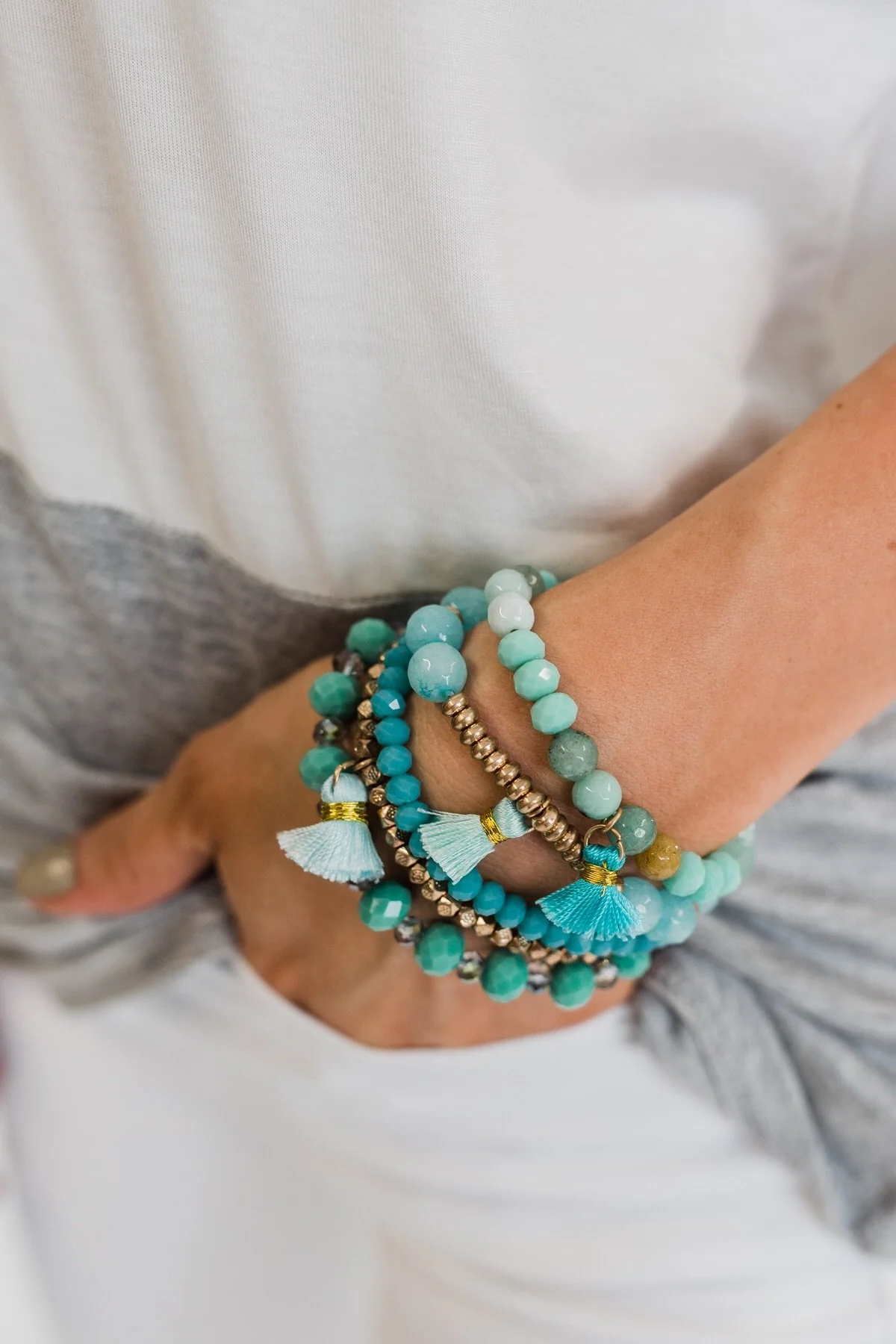 Tassels & Beads Bracelet Set- Gold & Teal - Image 3