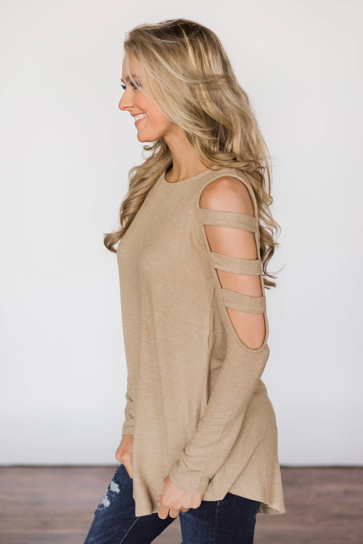 Taupe Cold Shoulder Top - Image 4