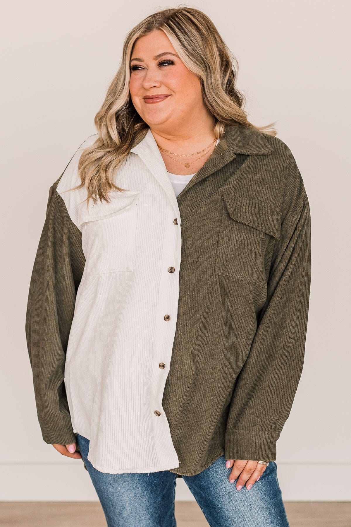 Tell It All Lightweight Corduroy Shacket- Olive & White - Image 2