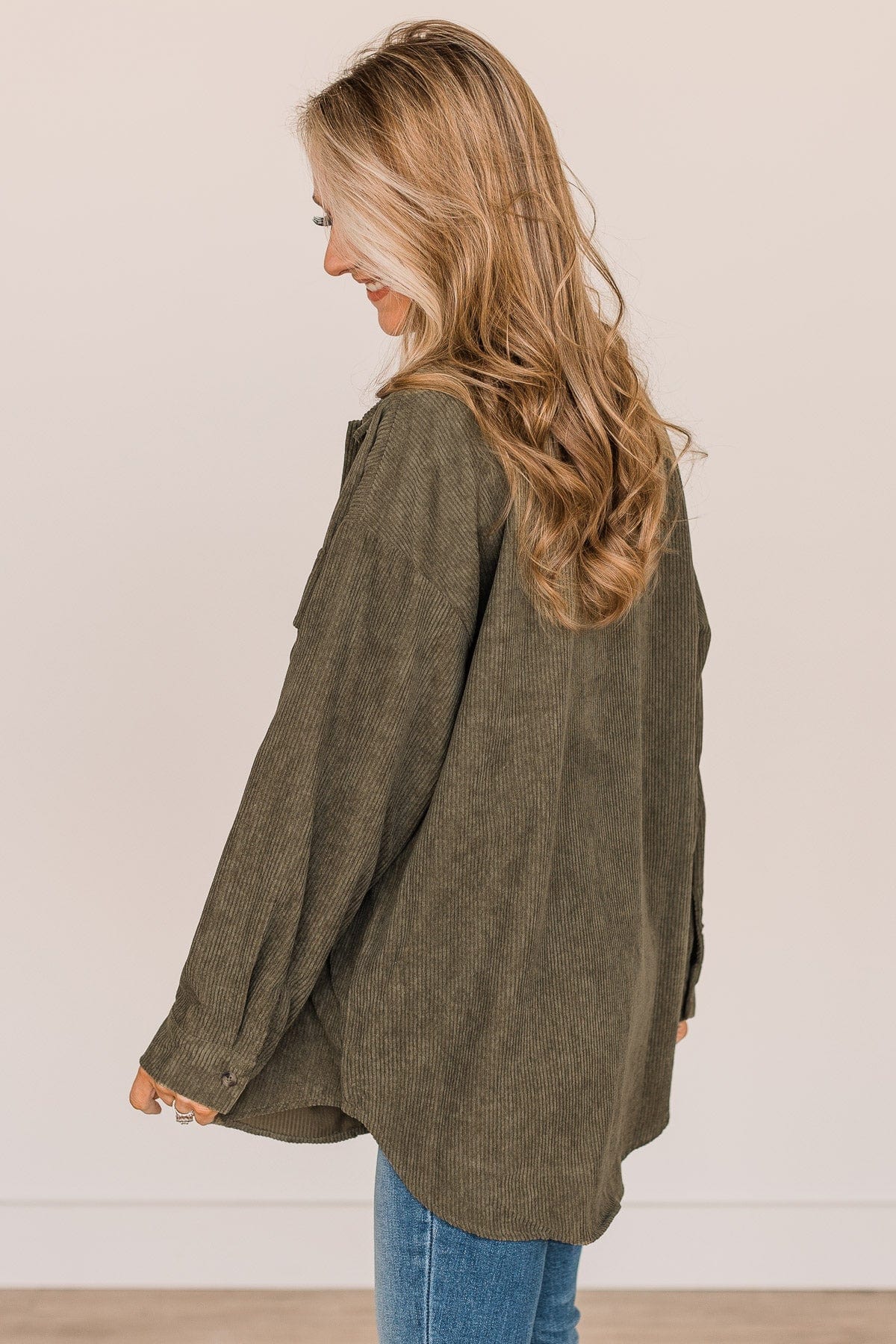 Tell It All Lightweight Corduroy Shacket- Olive & White - Image 5