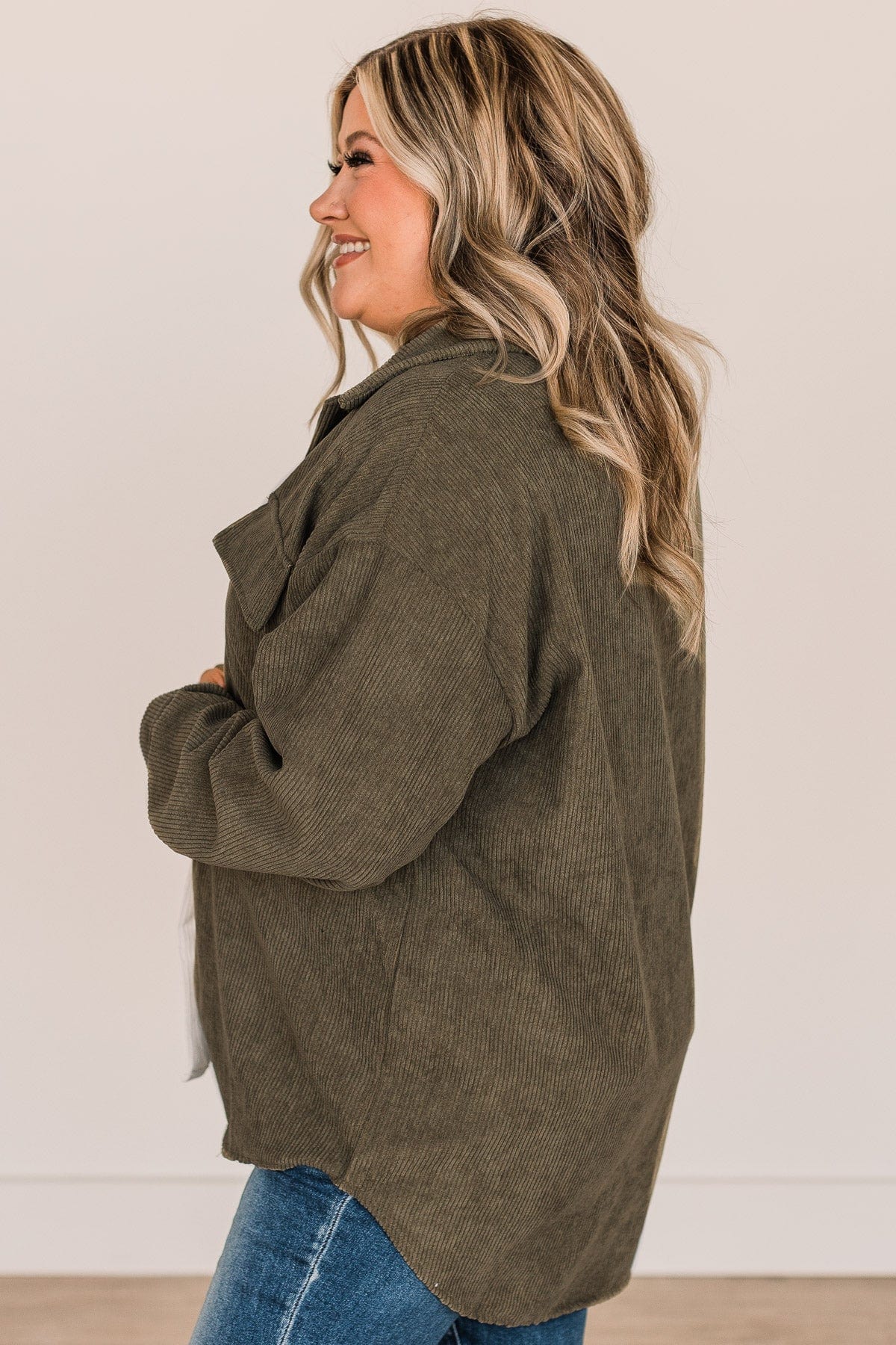 Tell It All Lightweight Corduroy Shacket- Olive & White - Image 6