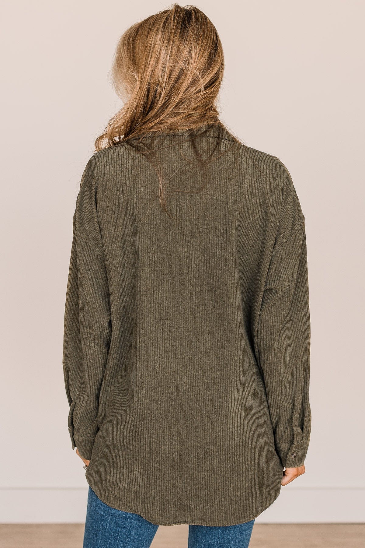 Tell It All Lightweight Corduroy Shacket- Olive & White - Image 8