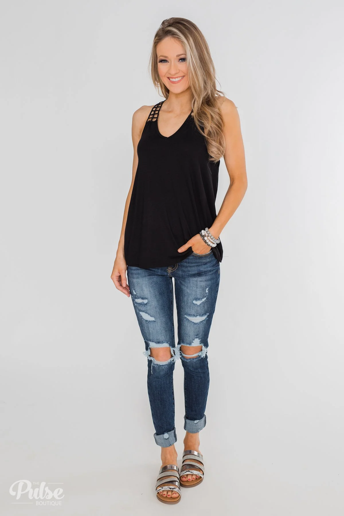 Tell Me Again Crochet Knit Tank Top- Black - Image 5