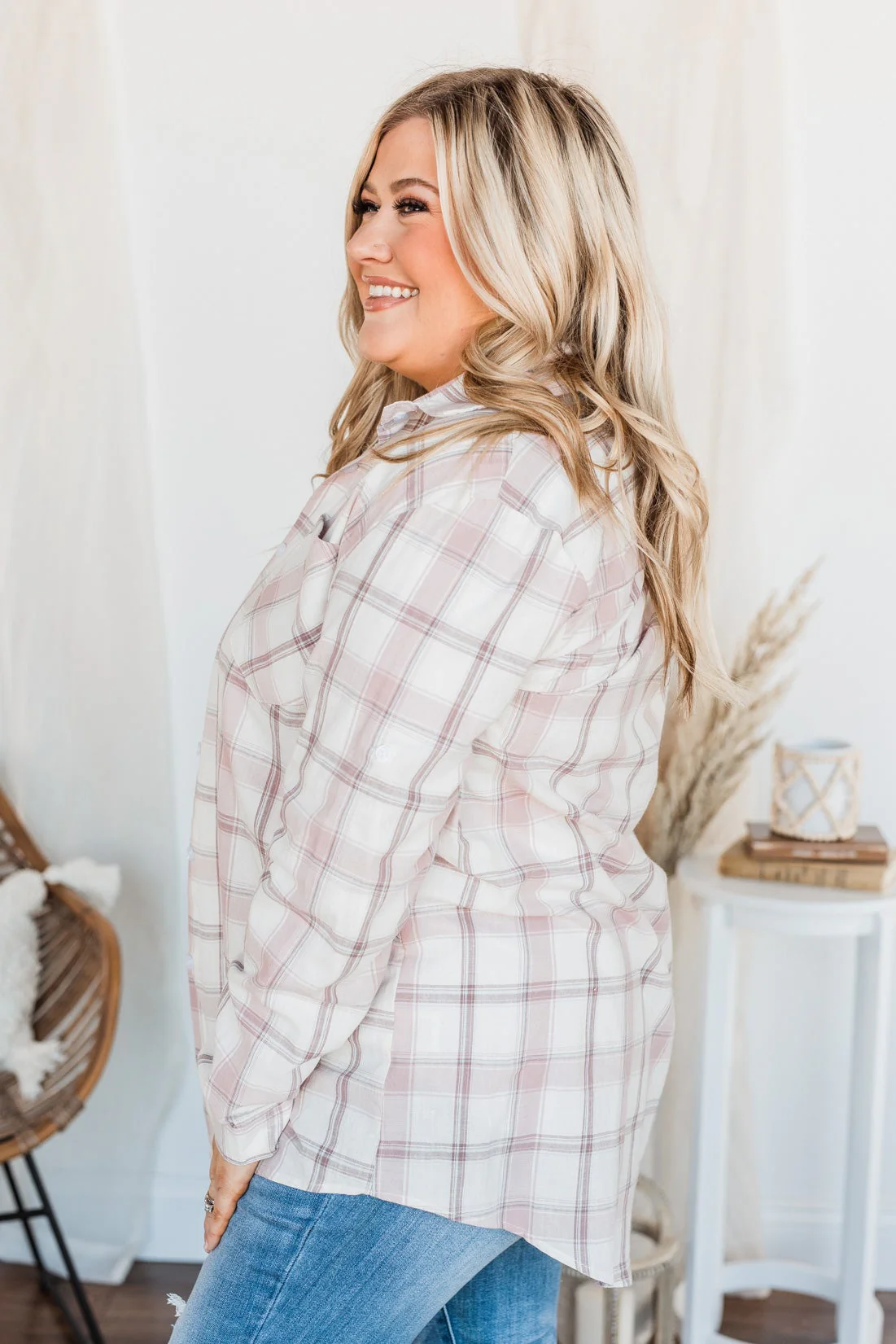 Tell Me Anything Button Down Plaid Top- Mauve & Ivory - Image 7