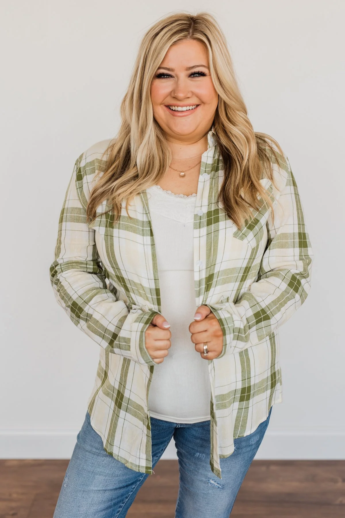 Tell Me Anything Button Down Plaid Top- Olive, Cream & Ivory - Image 2