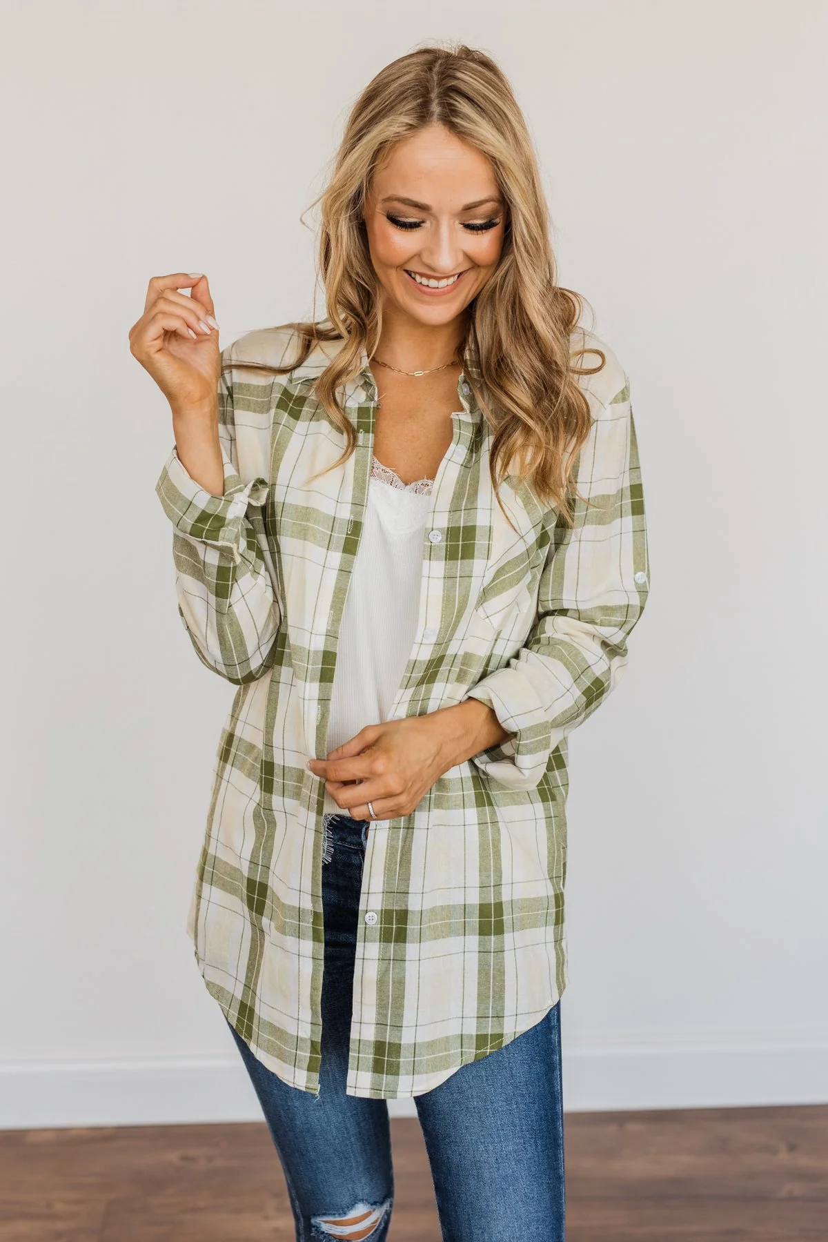 Tell Me Anything Button Down Plaid Top- Olive, Cream & Ivory - Image 3