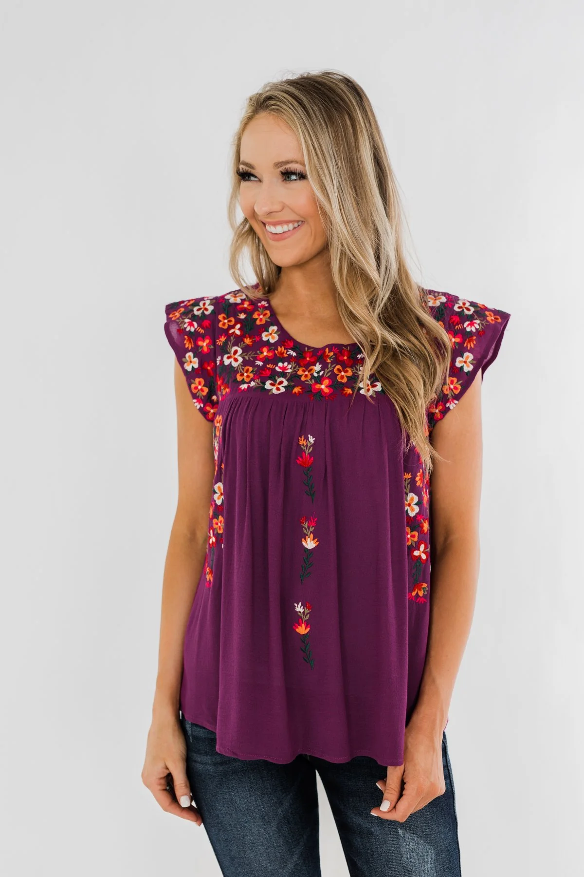 Tell Me You Love Me Embroidered Floral Top- Magenta - Image 3