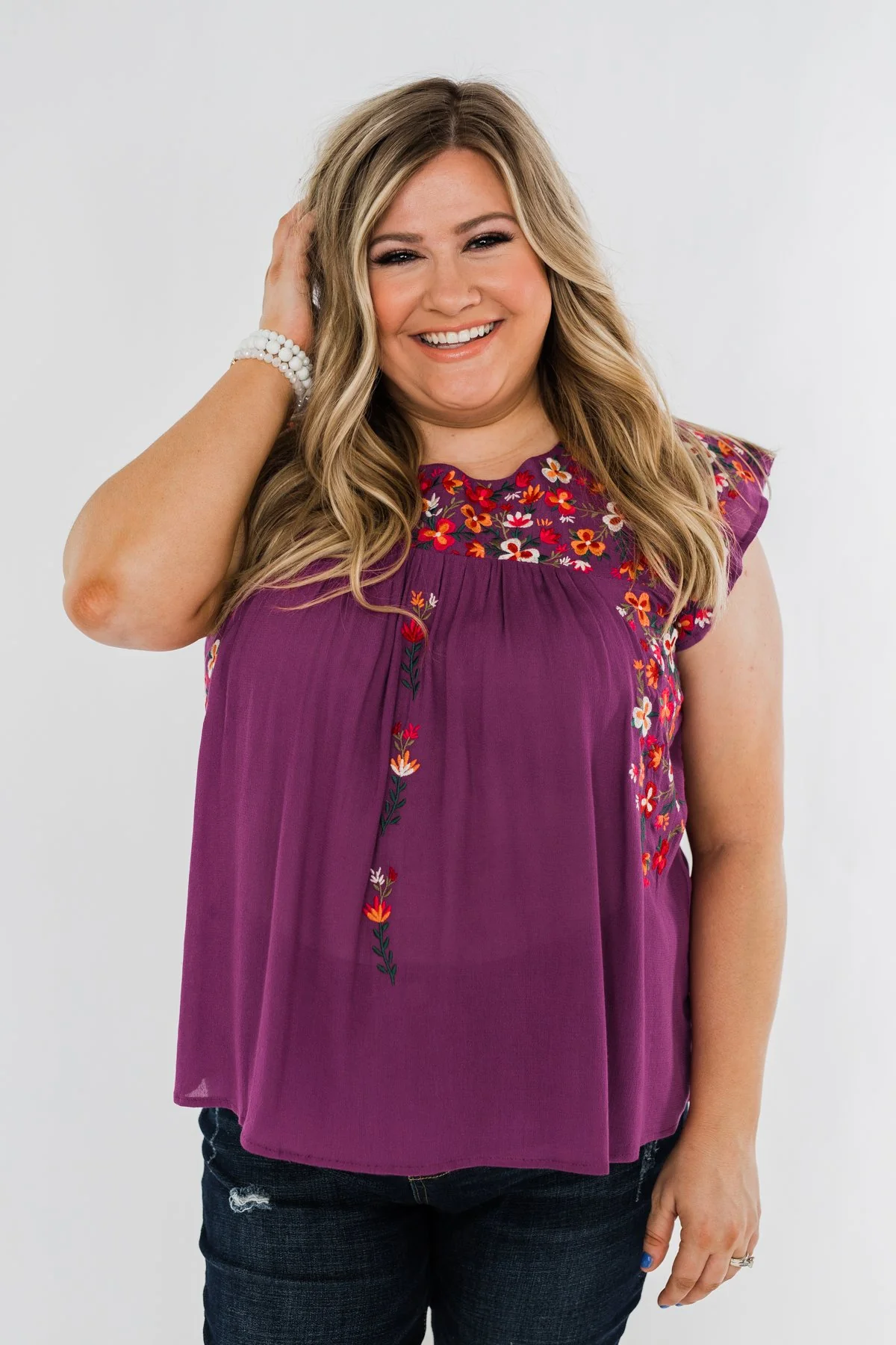 Tell Me You Love Me Embroidered Floral Top- Magenta - Image 4