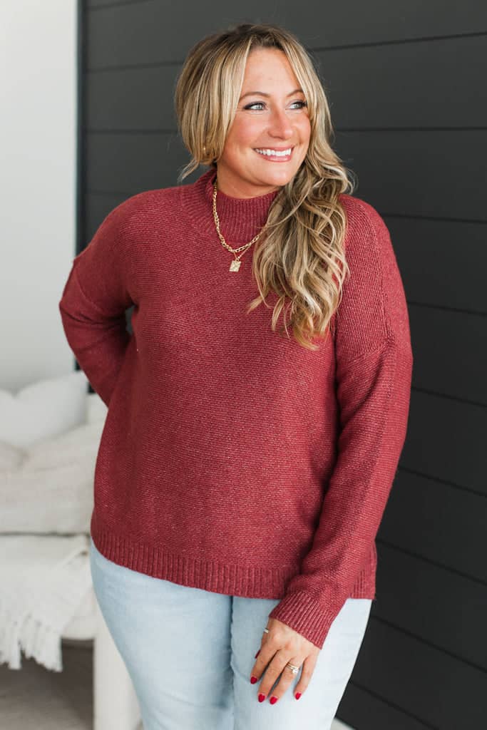 Telling My Story Mock Neck Sweater- Brick Red - Image 2