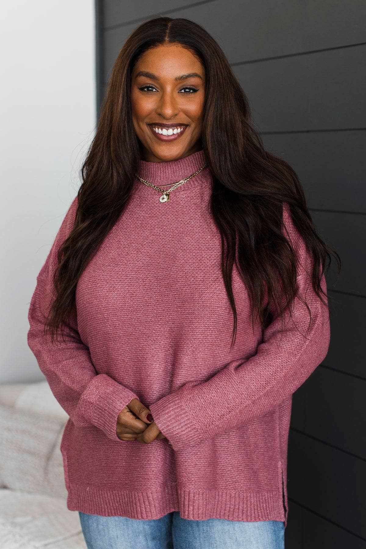 Telling My Story Mock Neck Sweater- Dark Rose - Image 3