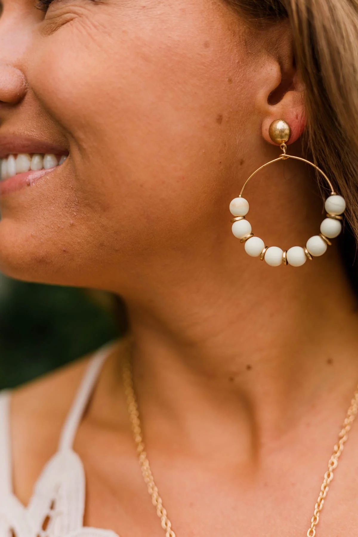Tender Love Gold Beaded Dangle Earrings- White - Image 2
