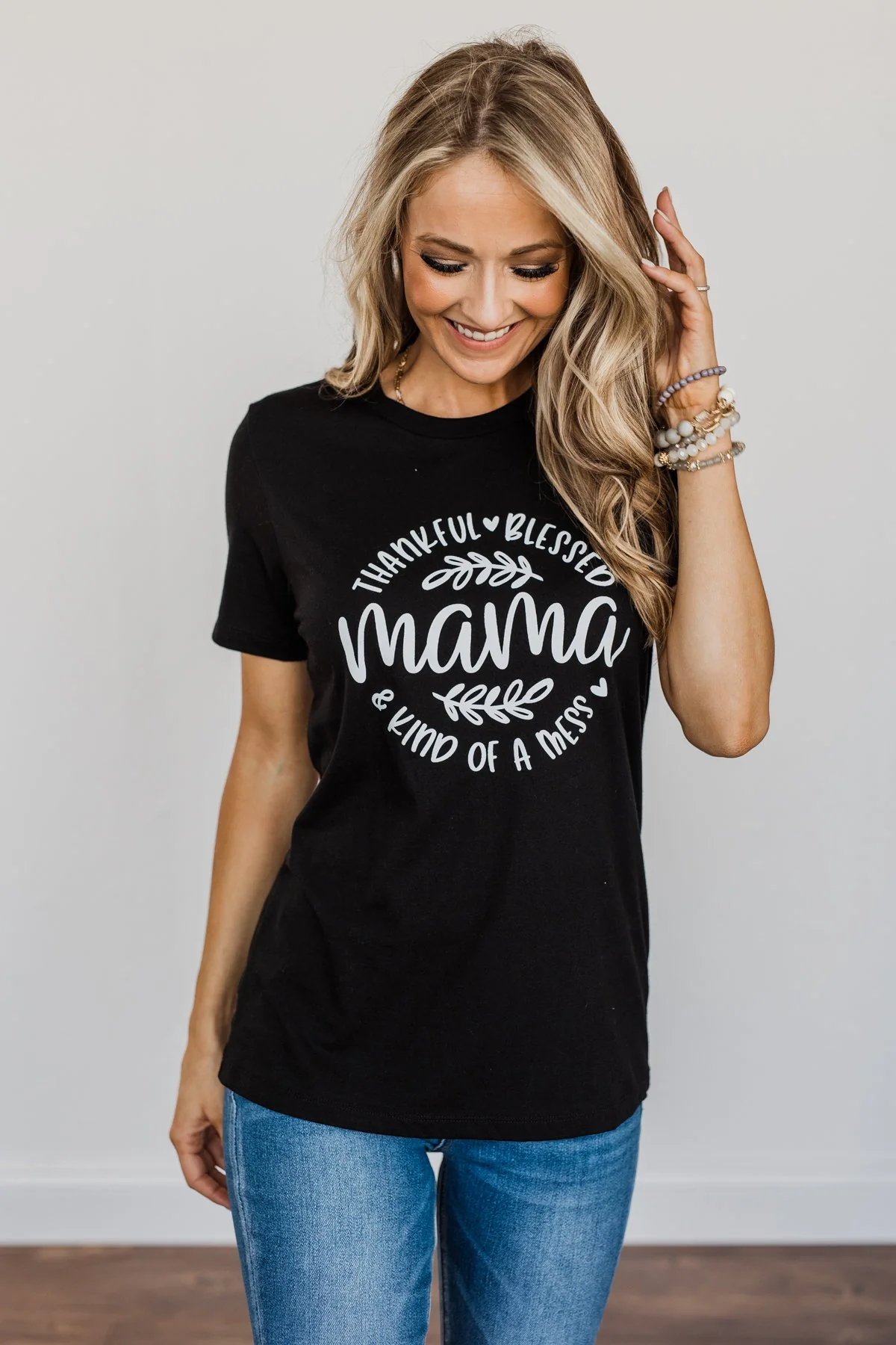 "Thankful, Blessed & Kind Of A Mess Mama" Graphic Top- Black - Image 2