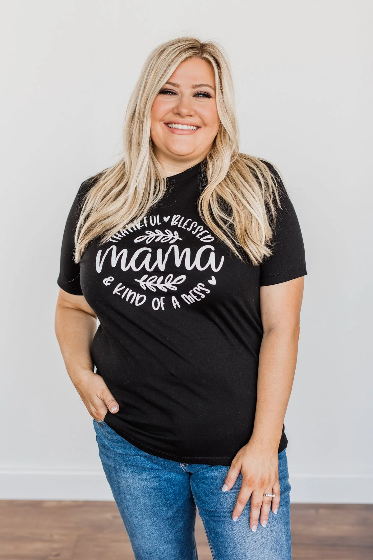 "Thankful, Blessed & Kind Of A Mess Mama" Graphic Top- Black - Image 3