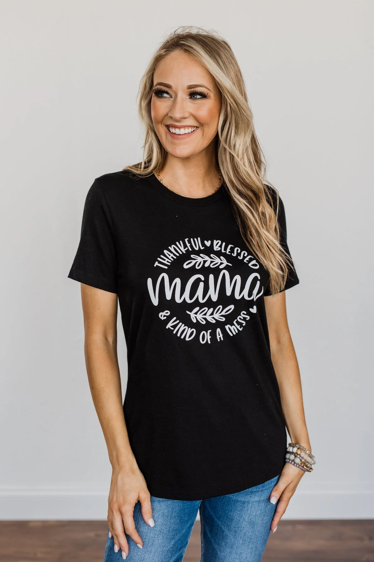 "Thankful, Blessed & Kind Of A Mess Mama" Graphic Top- Black - Image 4