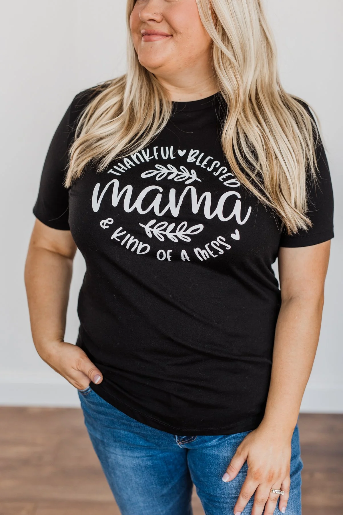 "Thankful, Blessed & Kind Of A Mess Mama" Graphic Top- Black - Image 5