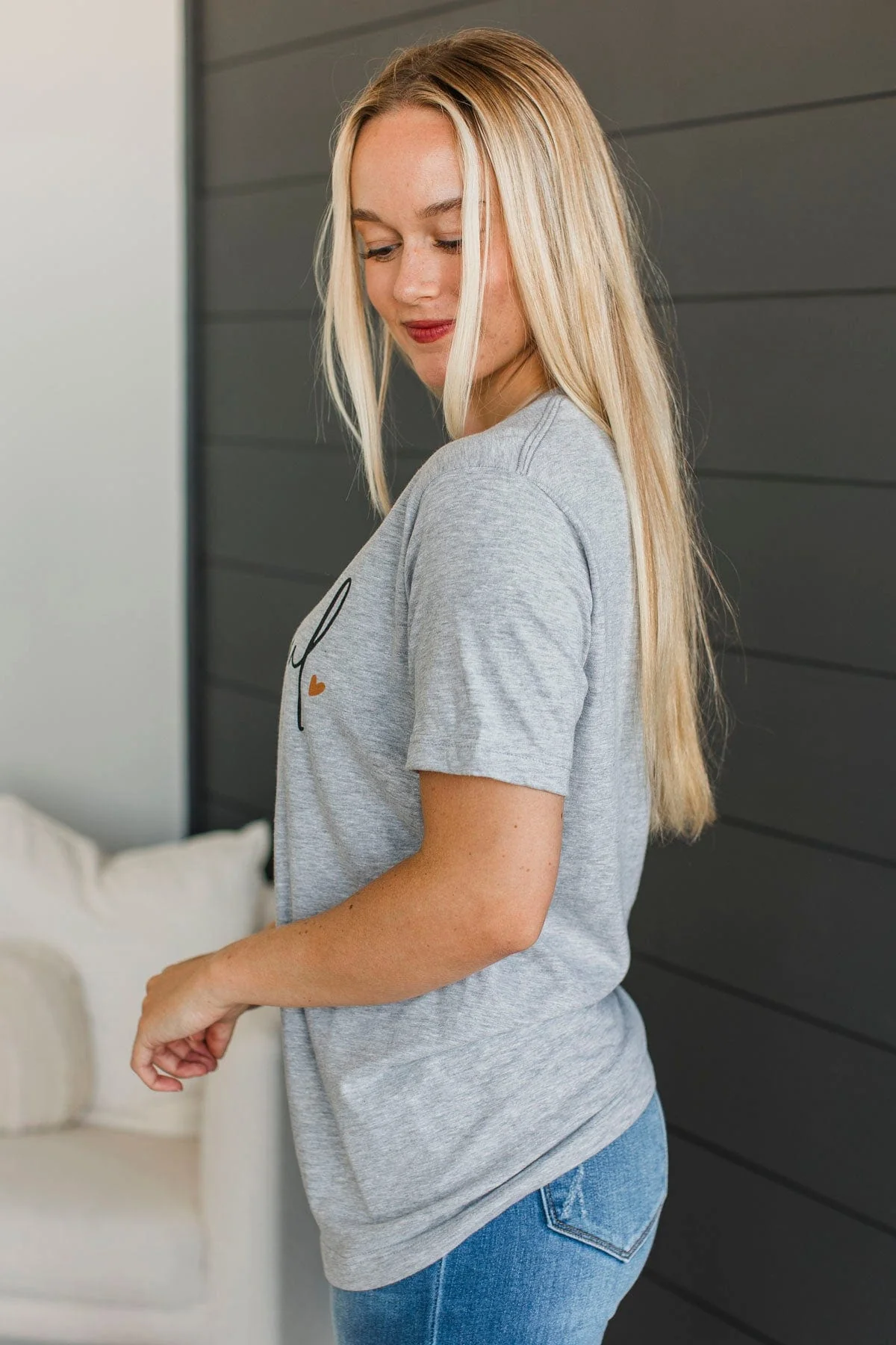 "Thankful" Cursive Graphic Tee- Heather Grey - Image 5