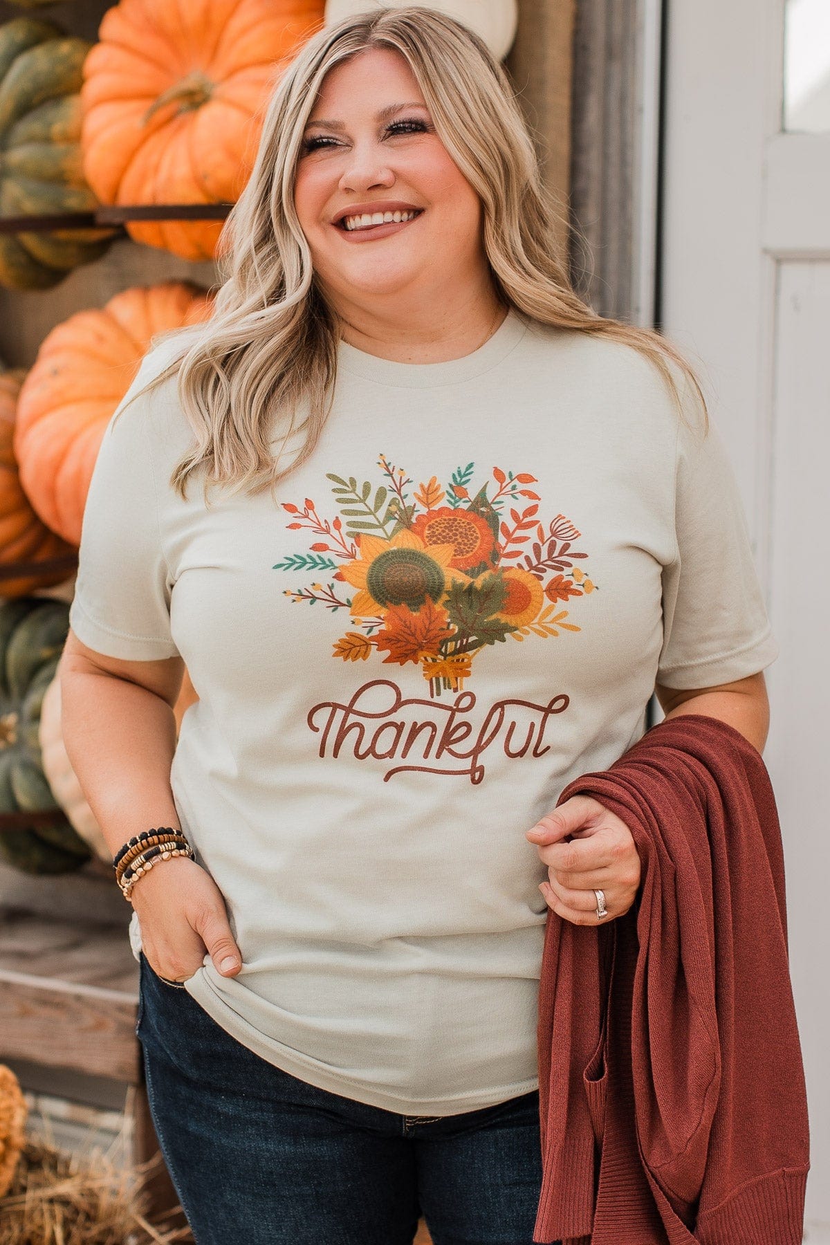 "Thankful" Floral Graphic Tee- Light Taupe